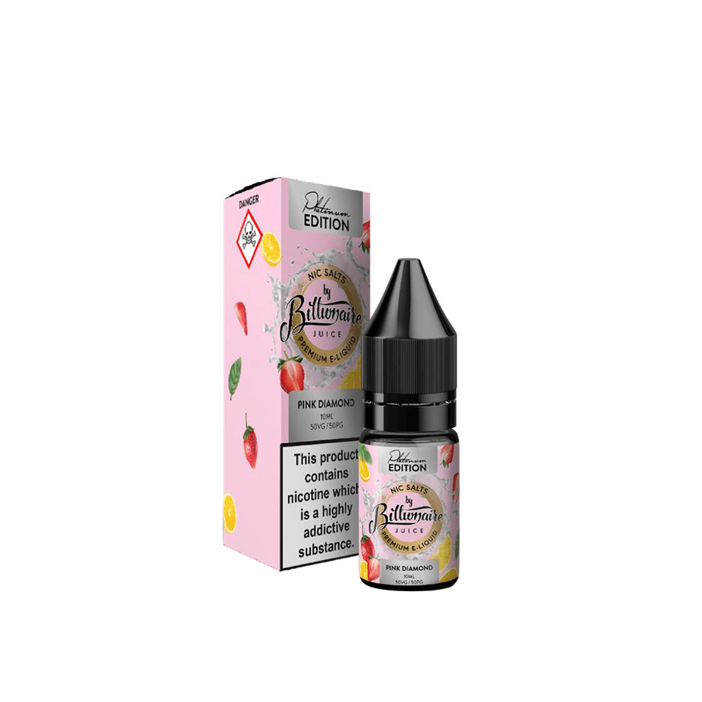 Billionaire Platinum Edition Pink Diamond 10ml vape juice bottle and box with fruit graphics.