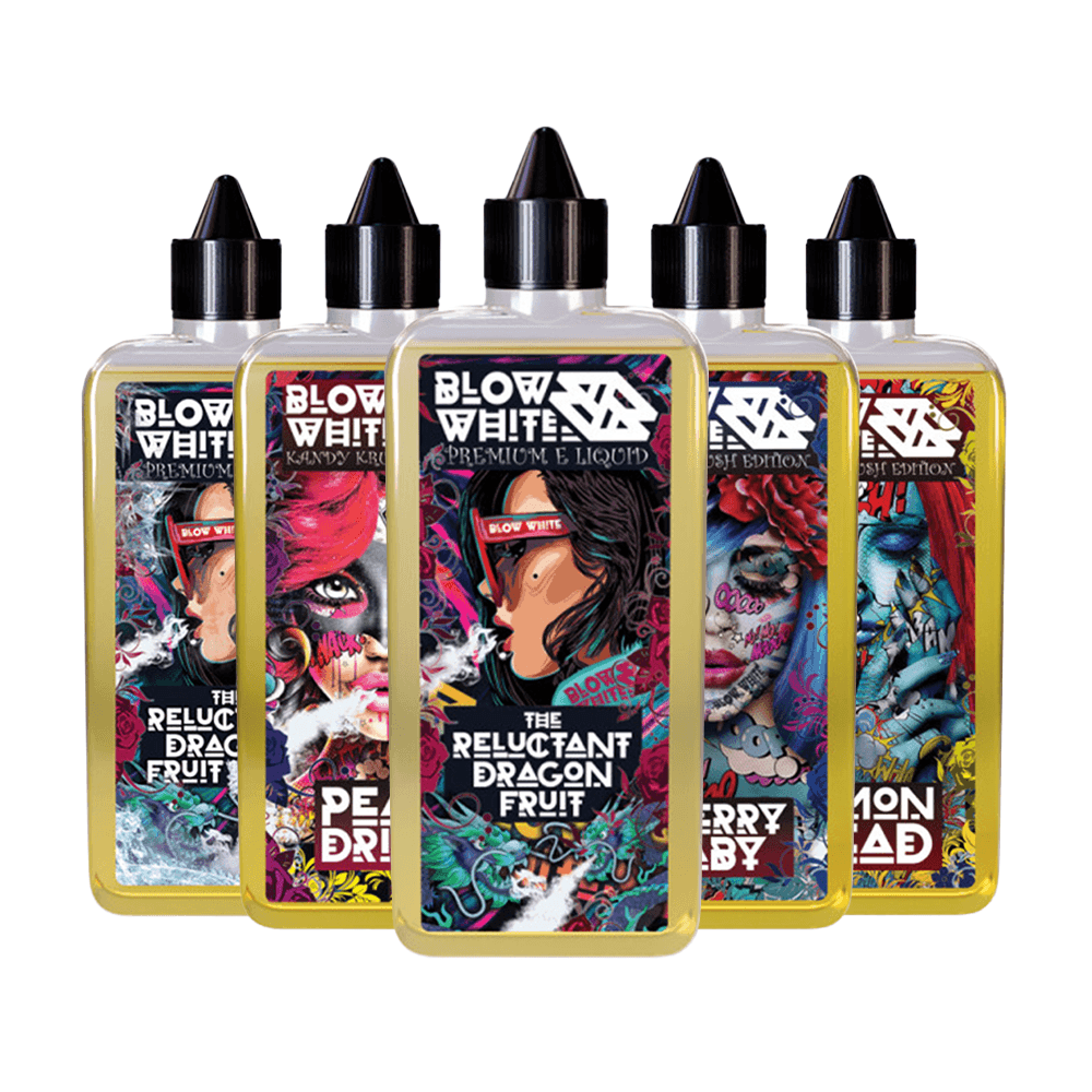 Five Blow White e-liquid bottles: The Reluctant Dragon Fruit, Peach Baby, and Lemon Dead.