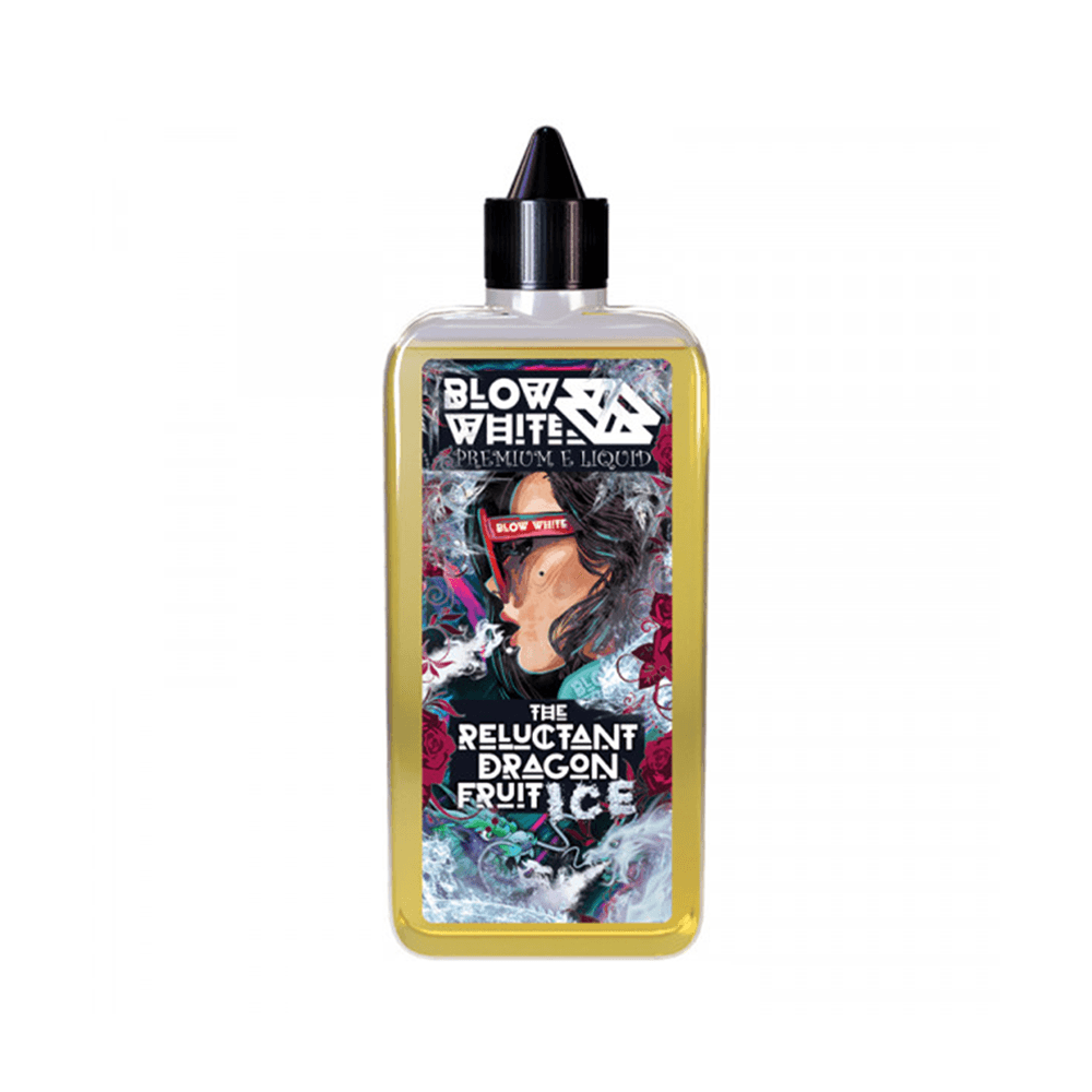 Vape juice bottle with dragon fruit and ice themed label design.