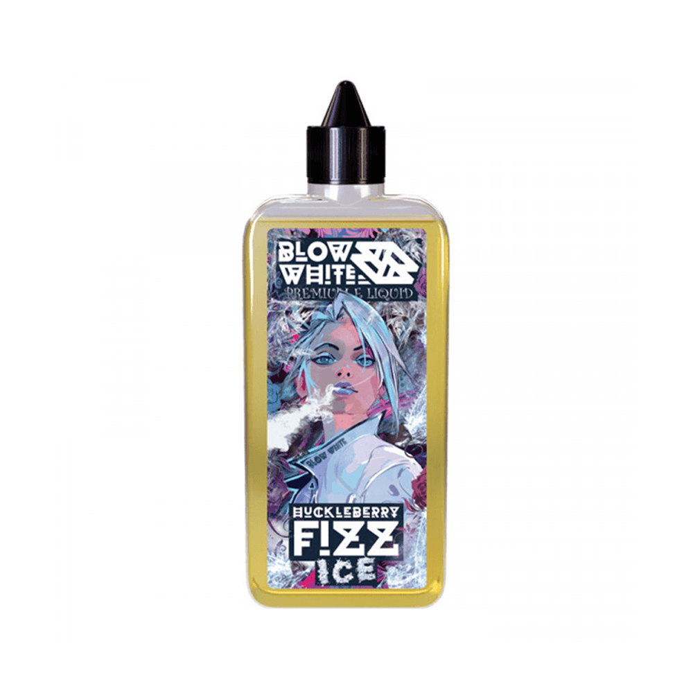 Blow White Huckleberry Fizz Ice e-liquid bottle with colourful label design.