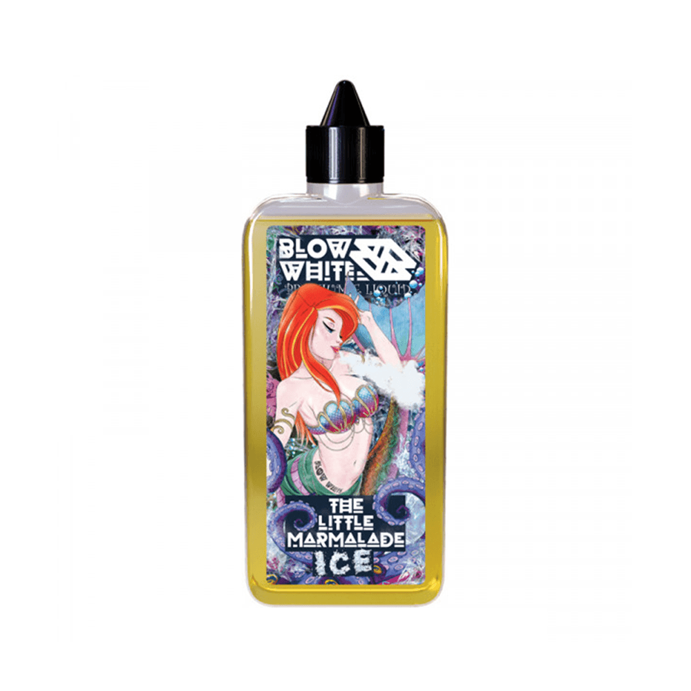 A bottle of Blow White e-liquid, featuring a vibrant, artistic label design.