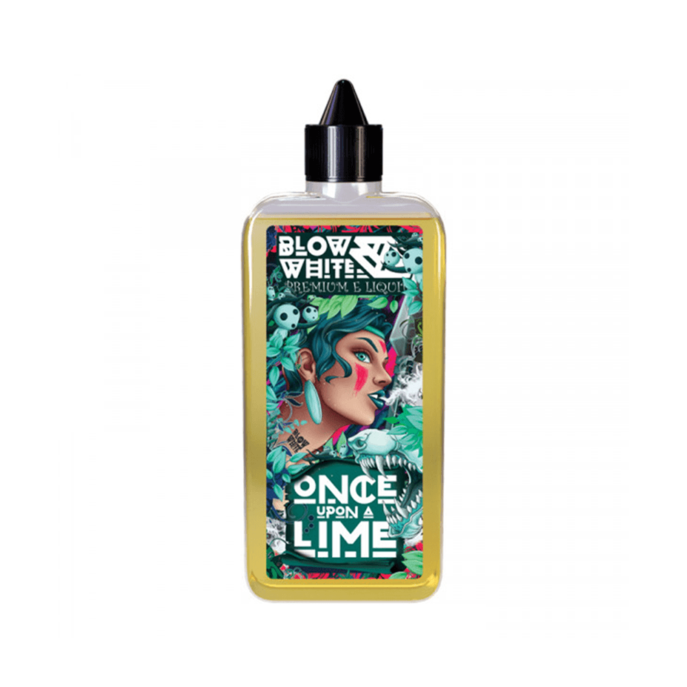 Vape juice bottle with a vibrant, tropical label featuring "Once Upon a Lime".