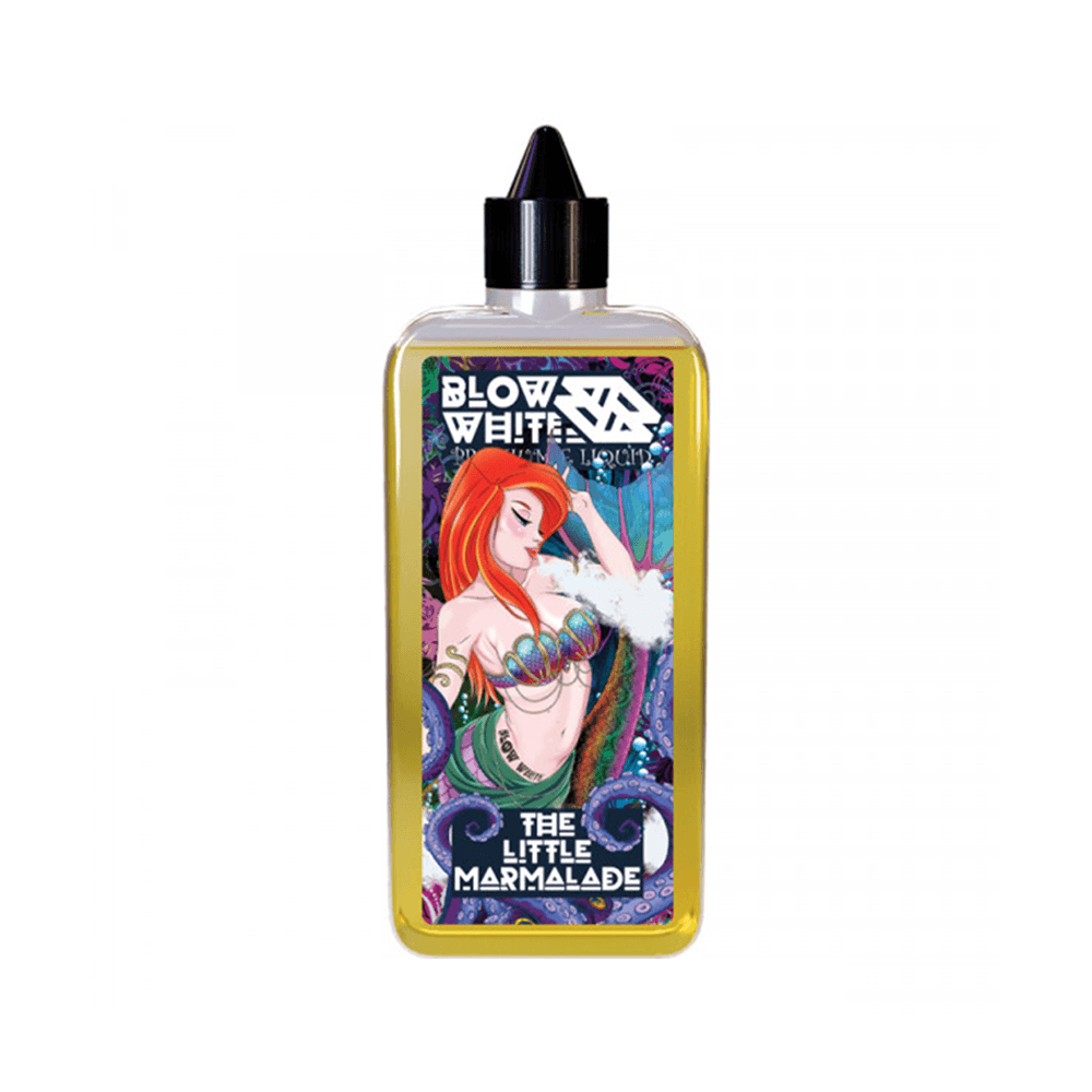 Vape juice bottle with vibrant label featuring a red-haired character and "The Little Marmalade."