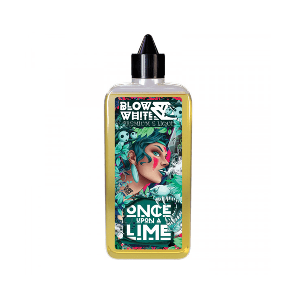 Bottle of Blow White e-liquid, "Once Upon a Lime", with vibrant green label design.