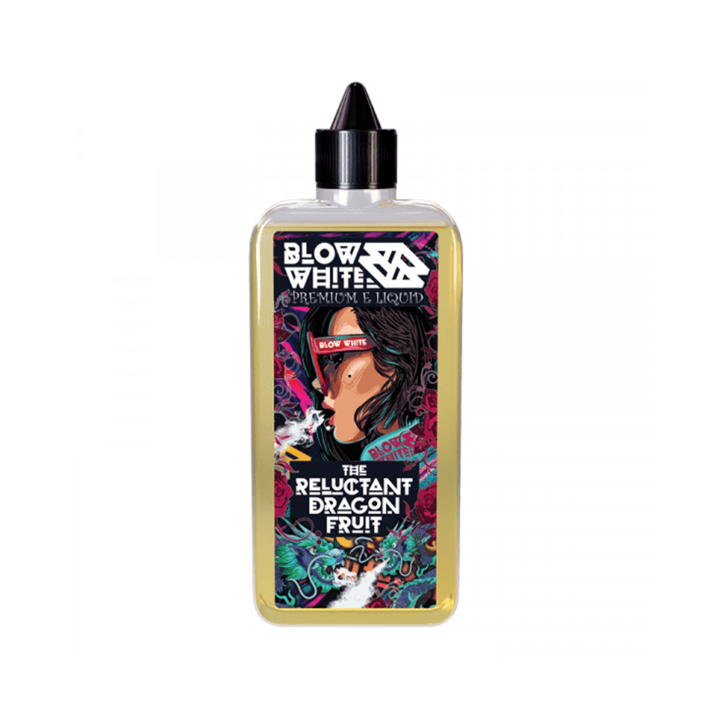 Colourful vape juice bottle with artistic dragon fruit design on label.