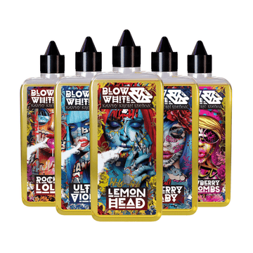 Five Blow White Kandy Krush e-liquid bottles, featuring vibrant, graffiti-style labels.