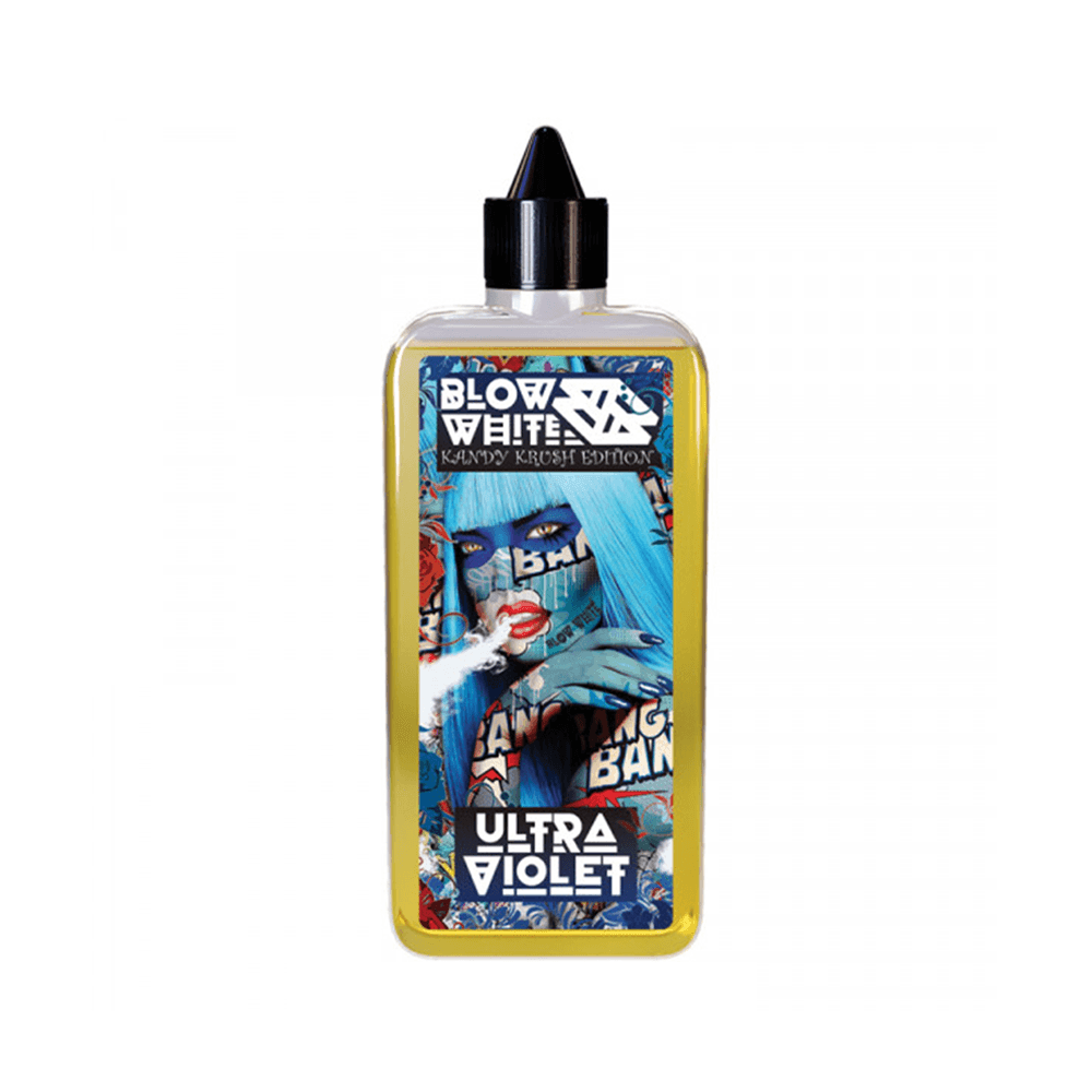 Vibrant vape juice bottle with colourful, bold graphics and text "Blow White Ultra Violet".