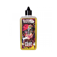 Vibrant vape juice bottle with artistic face design, labelled "Blow White Pear Drips."