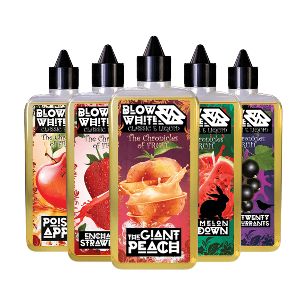 Five Blow White e-liquid bottles featuring fruit-themed labels: Poison Apple, Enchanted Strawberry, The Giant Peach, Melon Down, Twenty Currants.