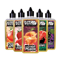 Five Blow White e-liquid bottles featuring fruit-themed labels: Poison Apple, Enchanted Strawberry, The Giant Peach, Melon Down, Twenty Currants.