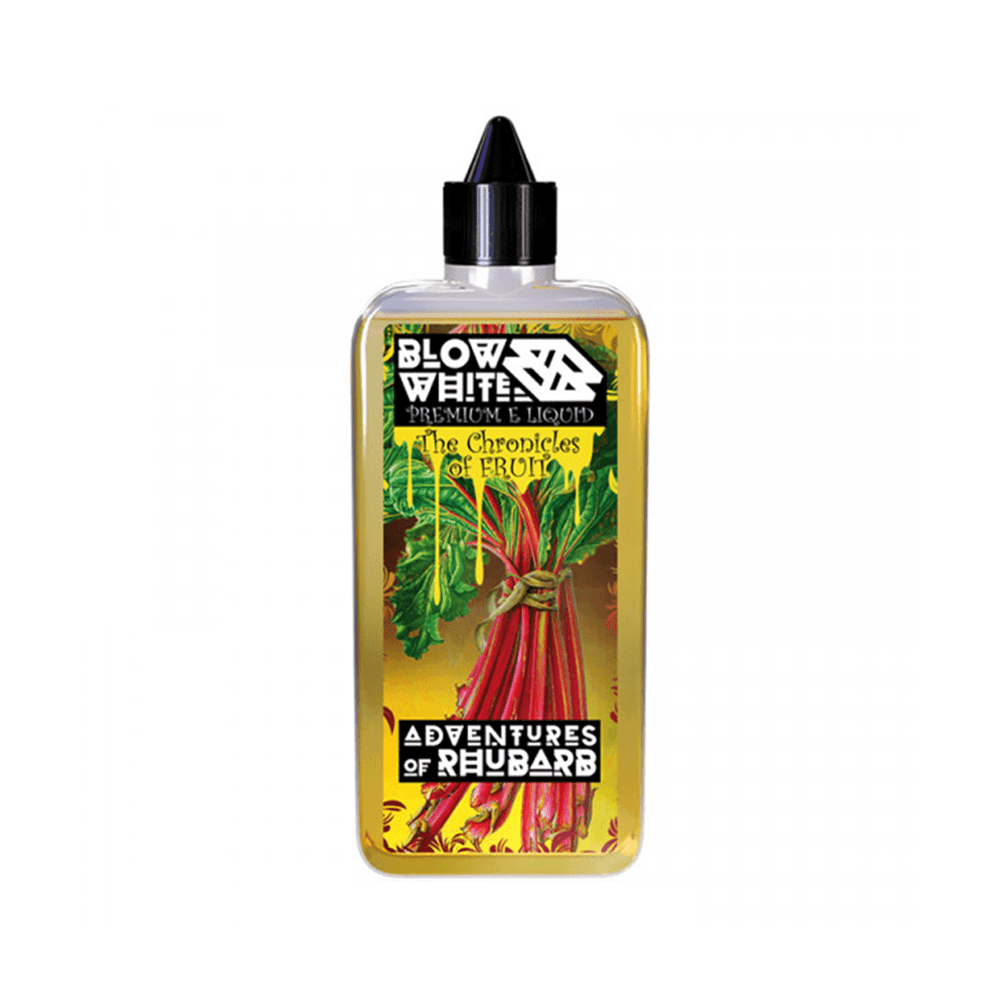 Vape juice bottle with rhubarb design and "Blow White" label.