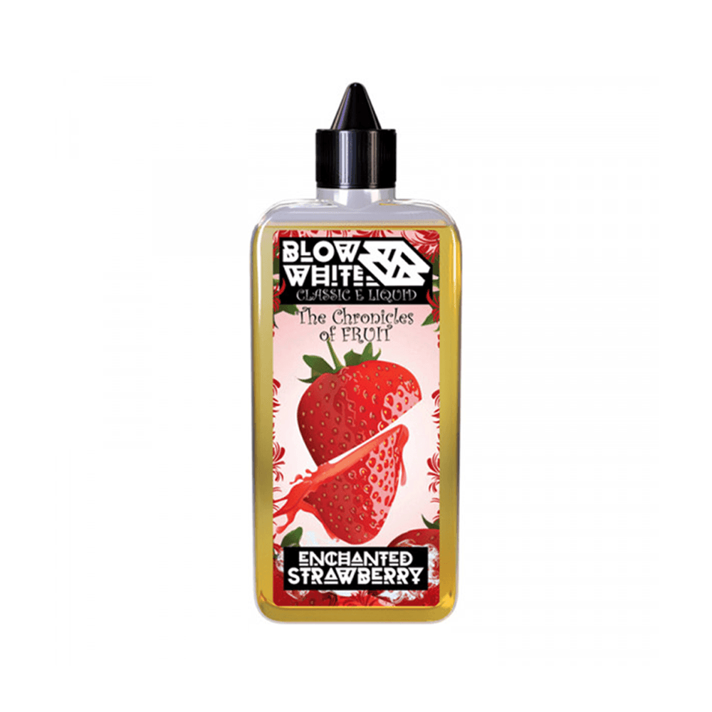 Vape juice bottle with strawberry label, "Enchanted Strawberry" flavour.