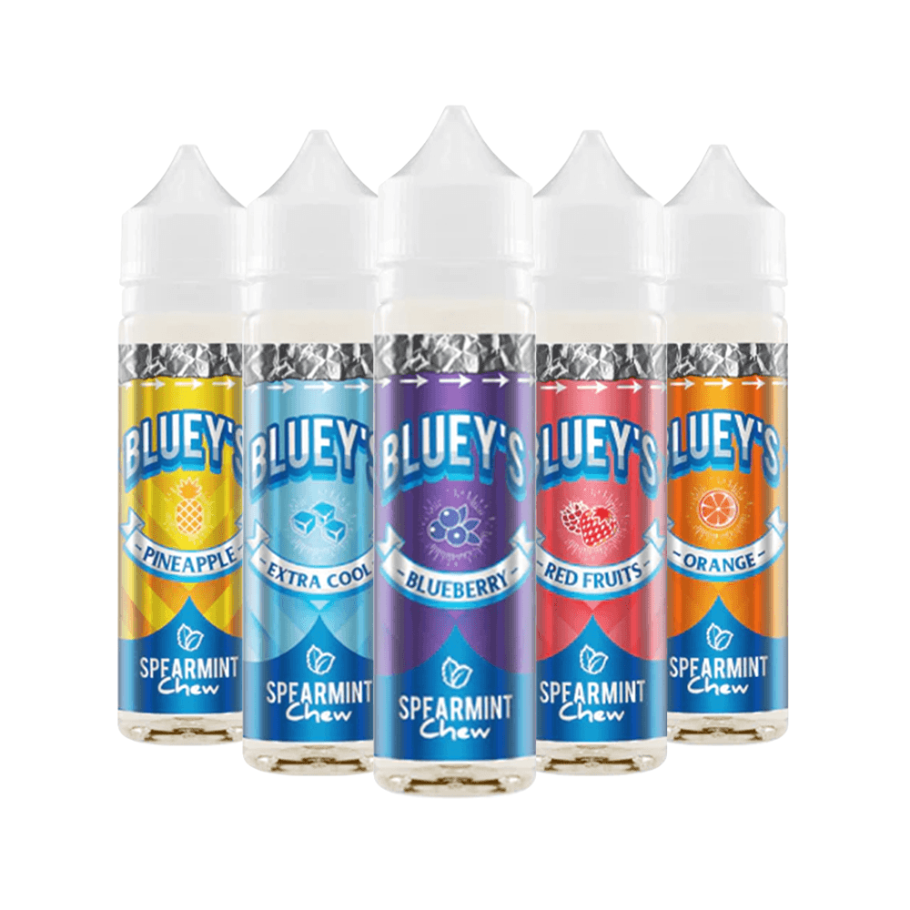 Five Bluey's e-liquid bottles with assorted flavours and colourful labels.