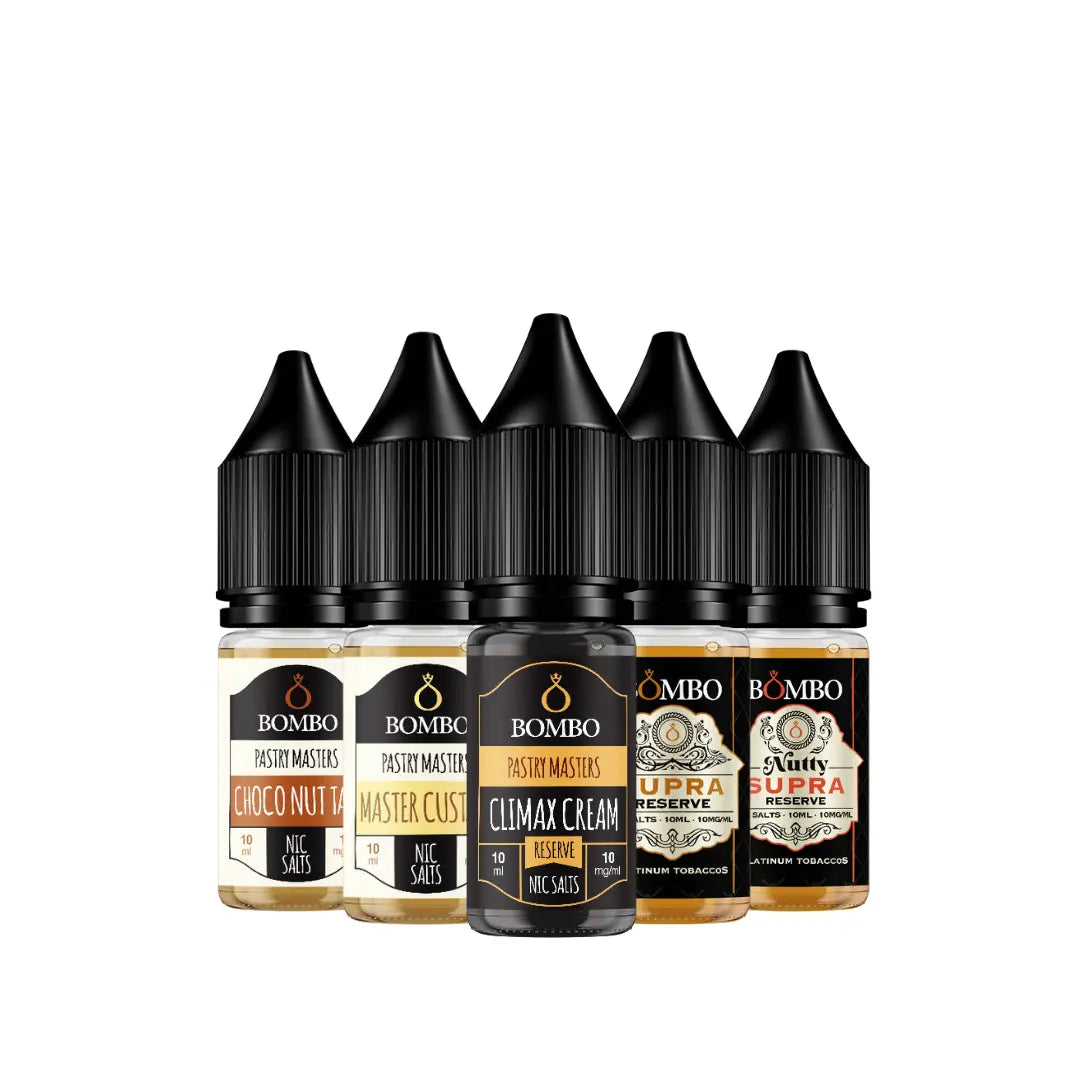  collection of five Bombo 10ml Nic Salt bottles featuring different flavours. Each bottle has a black cap and clear label with names like "Choco Nut Tart," "Master Custard," "Climax Cream," and "Supra Reserve." The e-liquids are dessert and tobacco-inspired, ideal for pod kits and MTL vaping.