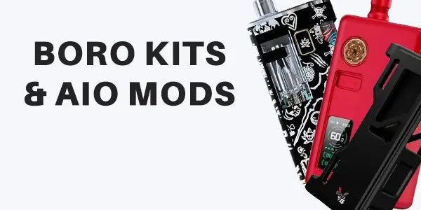 Selection of advanced Boro kits and all-in-one (AIO) vape mods featuring customizable tank sections and digital power displays.