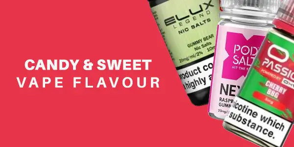 Sweet and candy flavored nicotine salts including gummy bear and bubblegum vape juices from Elux Legend, Pod Salts, and Elux OX Passion.