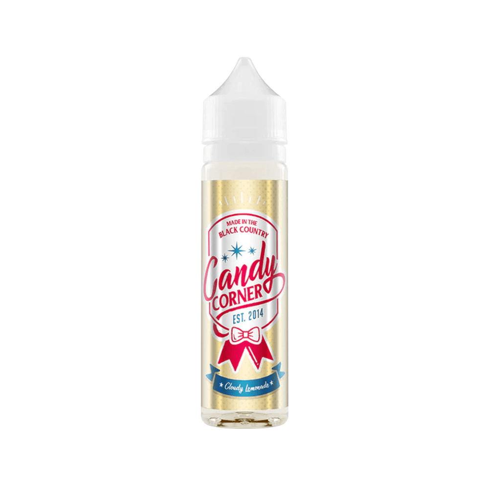 Candy Corner e-liquid bottle with a colourful label and a white cap.