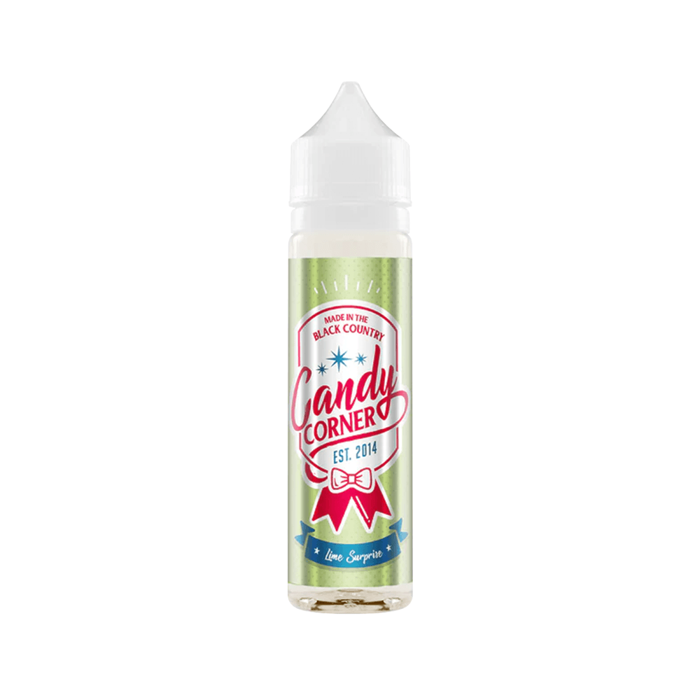 Candy Corner 50ml vape juice bottle with colourful label and bow design.