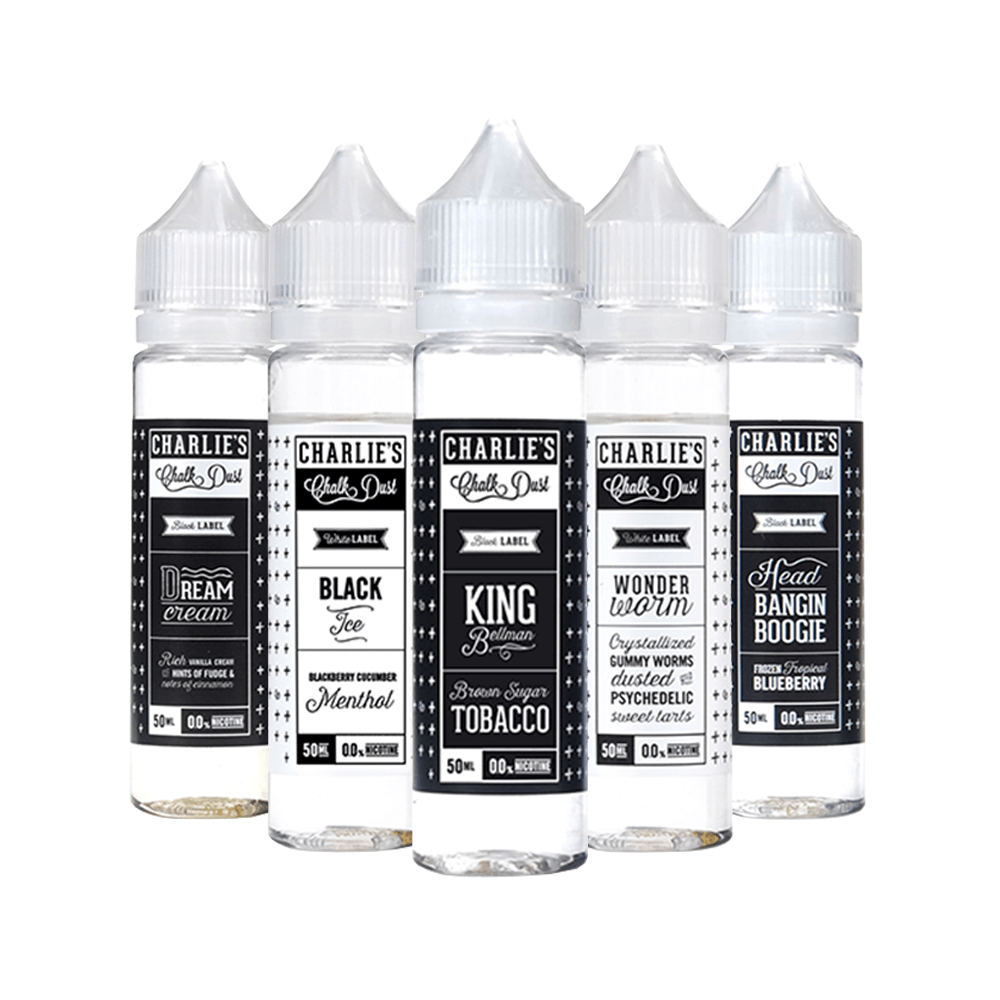 Charlie's Chalk Dust e-liquids, five 50ml bottles with different flavours and labels.