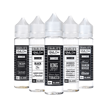 Charlie's Chalk Dust e-liquids, five 50ml bottles with different flavours and labels.