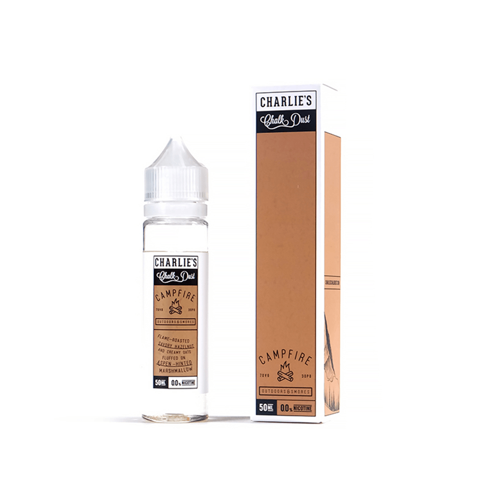 Charlie's Chalk Dust Campfire 50ml shortfill bottle and box on a white background.