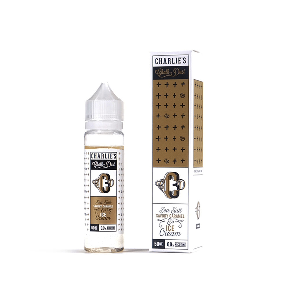 Charlie's Chalk Dust e-liquid bottle and box with "Sea Salt Savory Caramel Ice Cream" flavour.