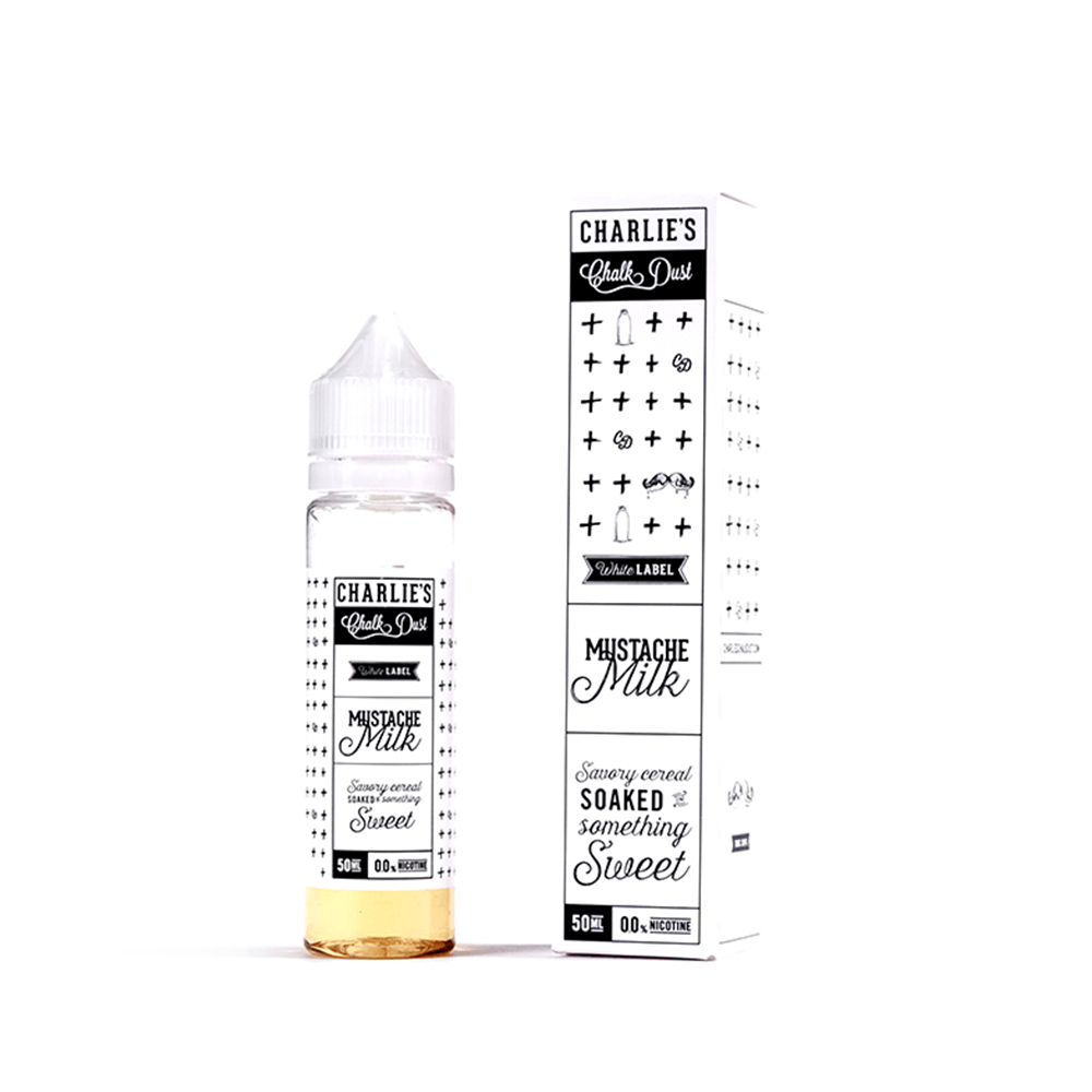 Charlie's Chalk Dust Mustache Milk 50ml shortfill e-liquid bottle and box, UK vape shop.