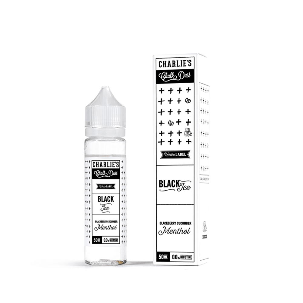 Charlie's Chalk Dust Black Ice 50ml shortfill bottle and box with a minimalist black and white design.