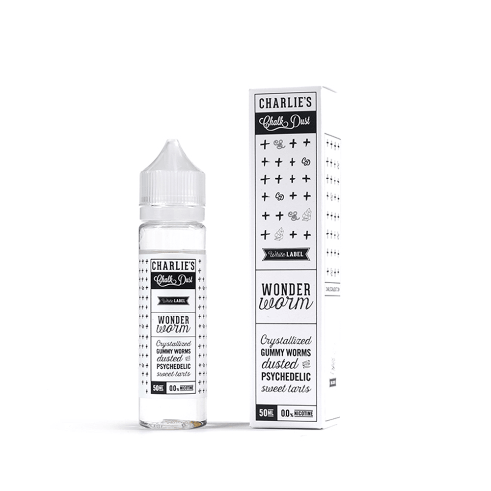 Charlie's Chalk Dust Wonder Worm e-liquid bottle and box with black and white design.