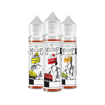 Three Charlie's Chalk Dust Meringue vape bottles with illustrated labels.