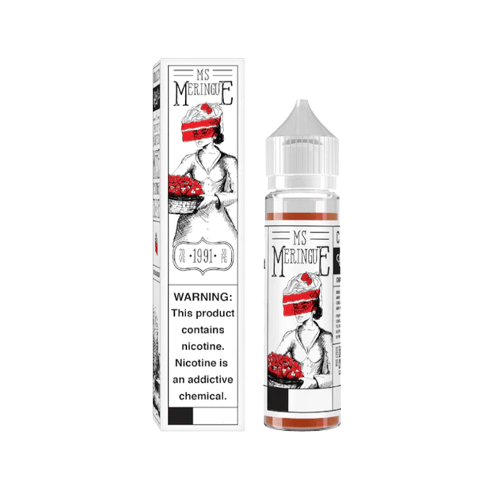 Charlie’s Chalk Dust Ms Meringue vape juice bottle and box with warning label displayed.