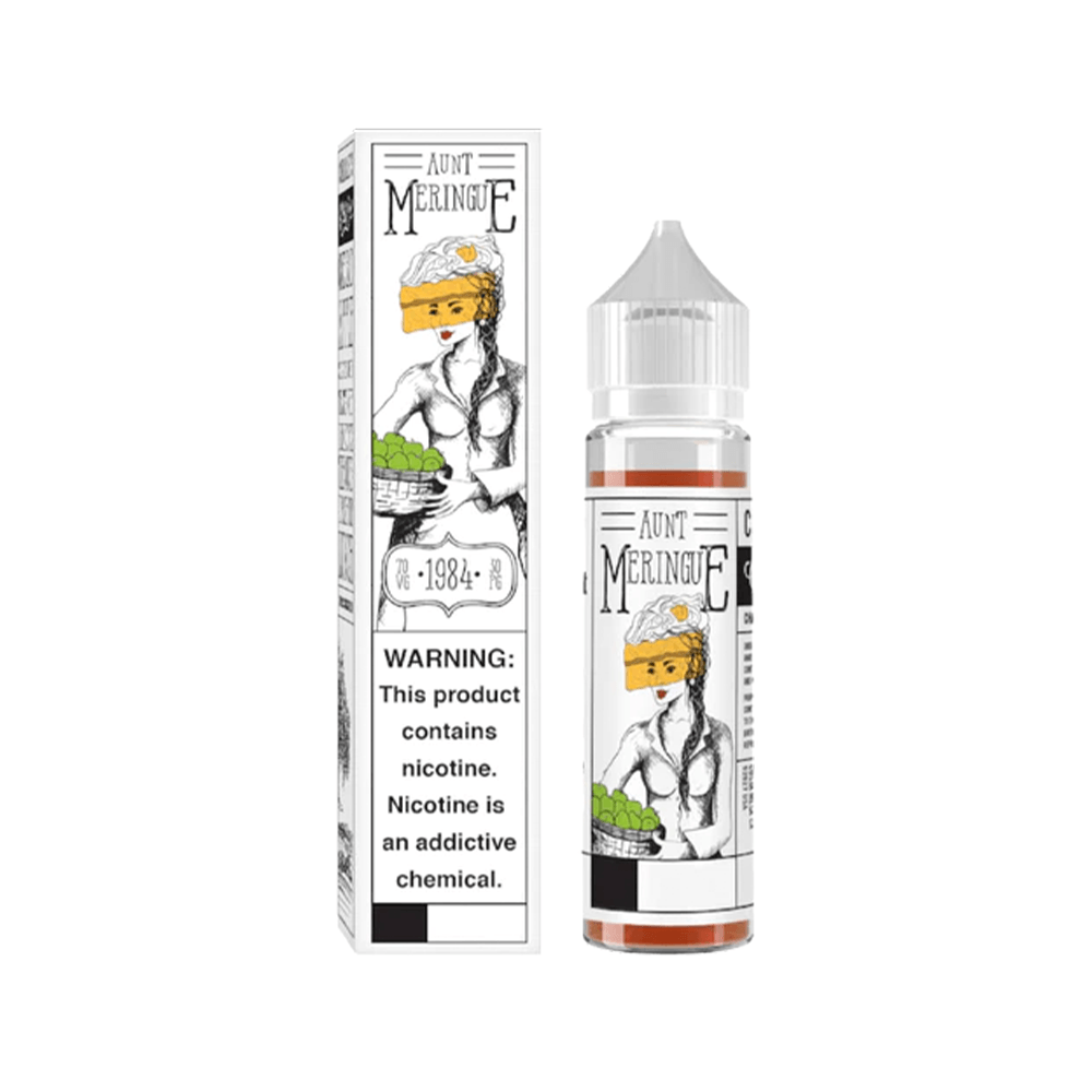 Charlie’s Chalk Dust Aunt Meringue e-liquid bottle and box with illustrated design.