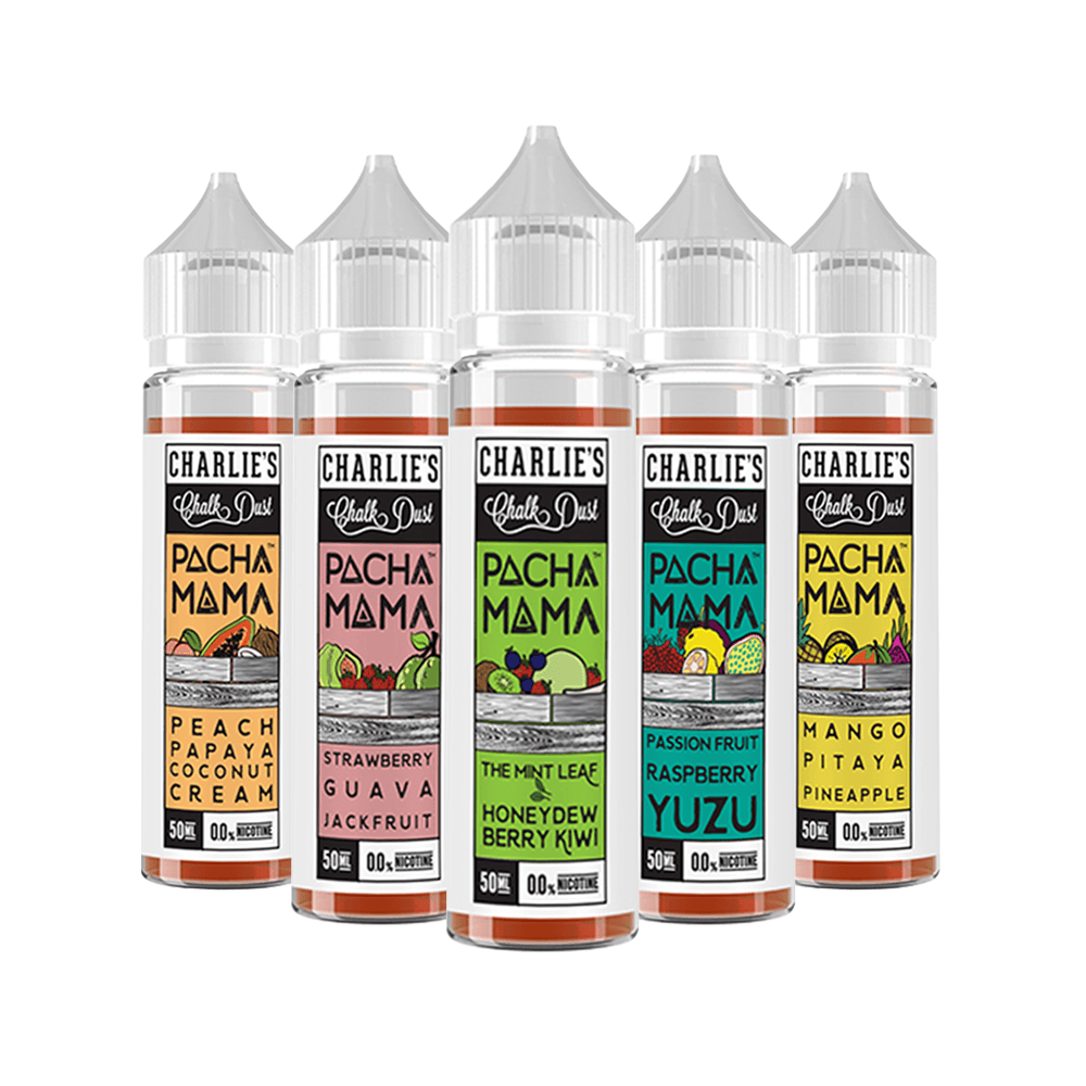 Five bottles of Pacha Mama e-liquid by Charlie's Chalk Dust, featuring fruity flavours.