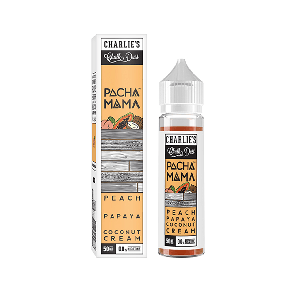 Charlie's Chalk Dust Pacha Mama vape juice, 50ml bottle, peach, papaya, coconut cream flavour.