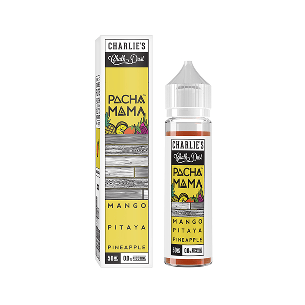 Pacha Mama vape juice box and bottle, Mango Pitaya Pineapple flavour by Charlie's Chalk Dust.