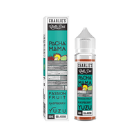 Charlie's Chalk Dust Pacha Mama e-liquid, passion fruit, raspberry, yuzu, 50ml bottle and box.