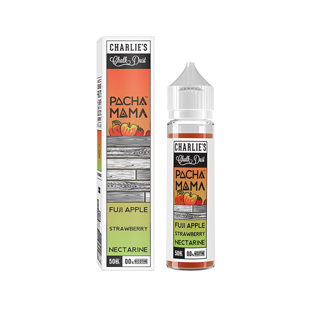 Pacha Mama e-liquid bottle and box, featuring Fuji Apple, Strawberry, Nectarine flavours.