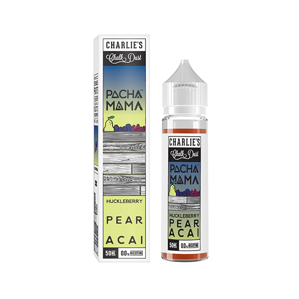 Charlie's Chalk Dust Pacha Mama e-liquid, Huckleberry Pear Acai, 50ml shortfill bottle and box.