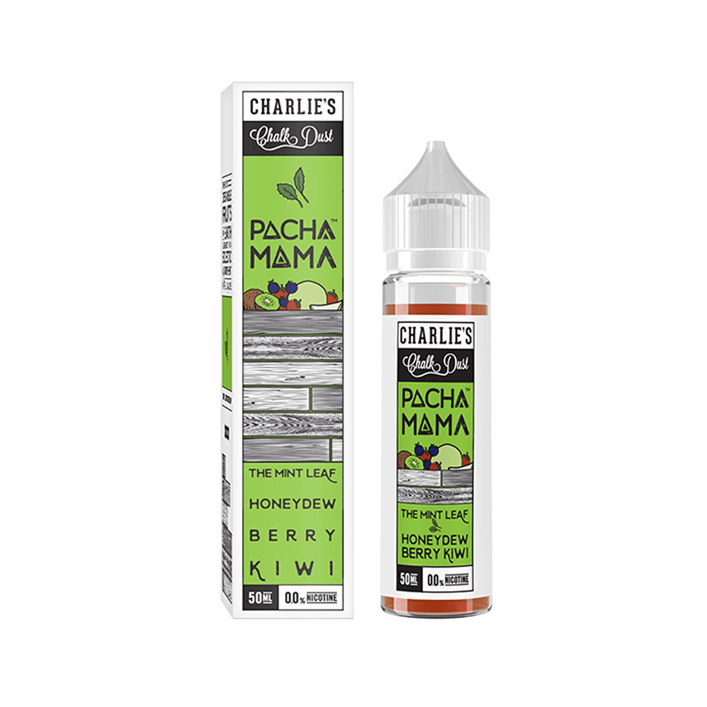 Charlie's Chalk Dust Pacha Mama e-liquid, 50ml bottle and box, flavour: mint leaf, honeydew, berry, kiwi.