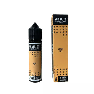 Charlie's Chalk Dust Apple Pie vape juice bottle and packaging on a white background