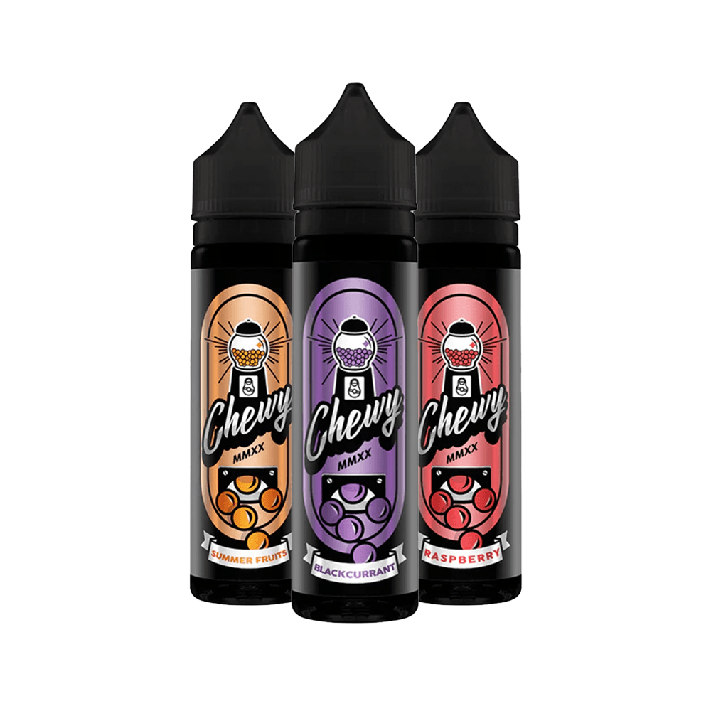 Three Chewy vape juice bottles: Summer Fruits, Blackcurrant, Raspberry.