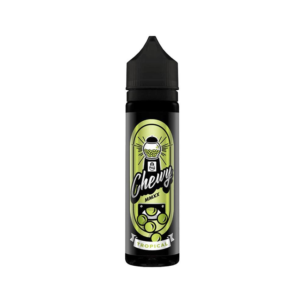 Chewy Tropical Maxx 50ml shortfill vape juice bottle with a black cap and green label.