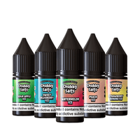 Five bottles of Chubby Salts e-liquid in various fruity flavours.