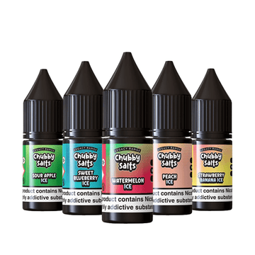 Five bottles of Chubby Salts e-liquid in various fruity flavours.