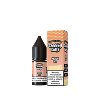 Chubby Salts Peach Ice 10ml vape juice bottle and box with nicotine warning label.