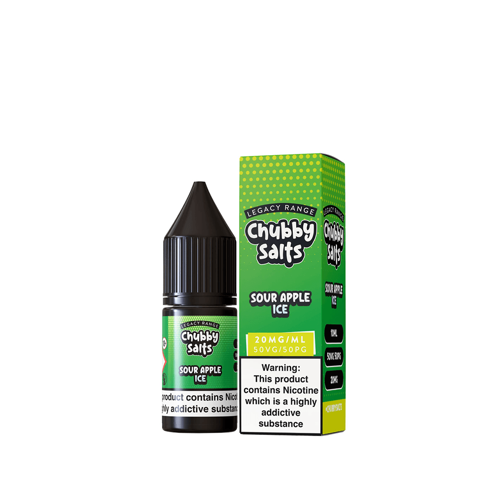 Chubby Salts Sour Apple Ice vape juice bottle and box, 20mg/ml, 10ml size.