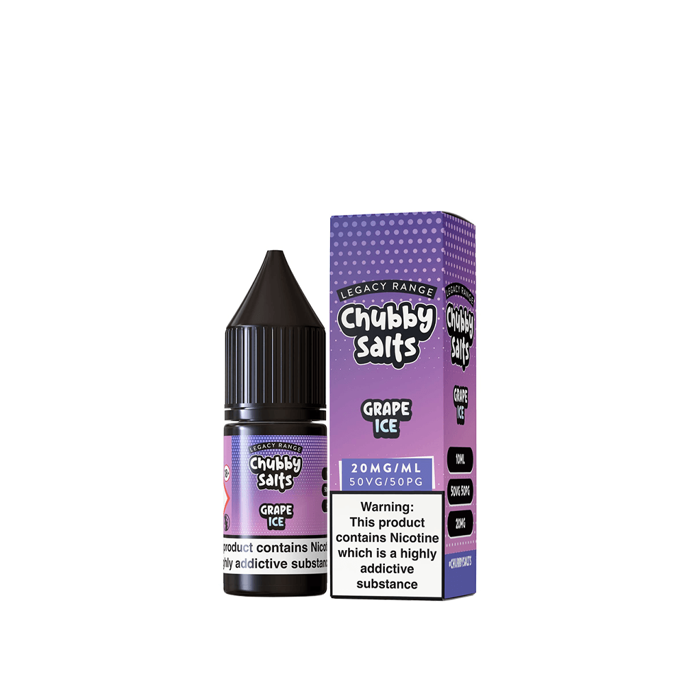 Chubby Salts Grape Ice 10ml bottle and box, 20mg/ml nicotine strength.