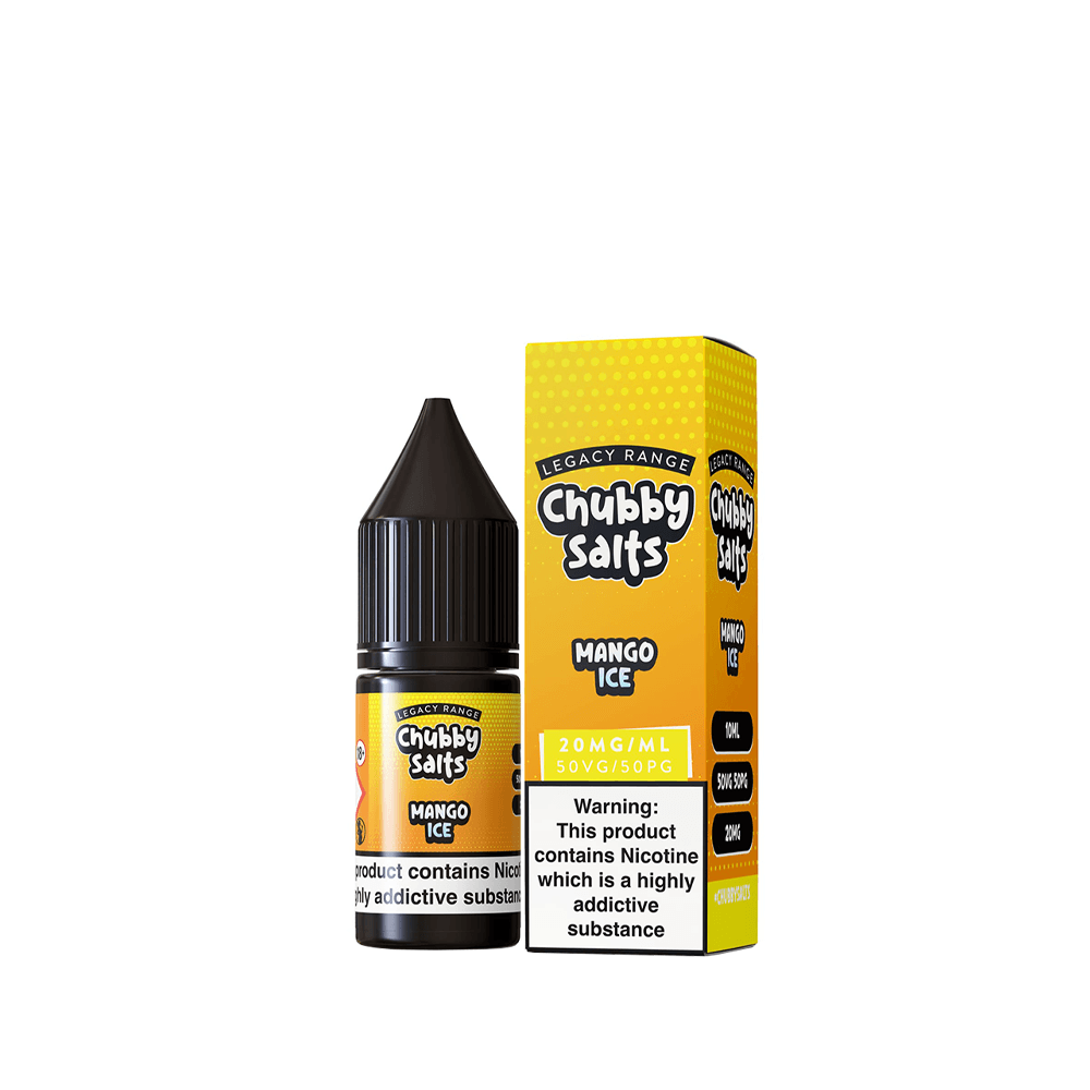 Chubby Salts Mango Ice 10ml e-liquid bottle and box with nicotine warning, UK vaping product.