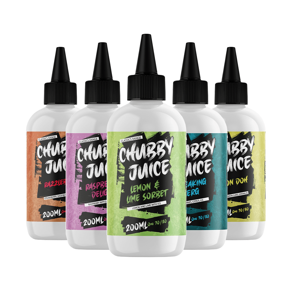 Five bottles of Chubby Juice vape liquid in various fruit flavours, 200ml each.