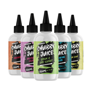 Five bottles of Chubby Juice vape liquid in various fruit flavours, 200ml each.